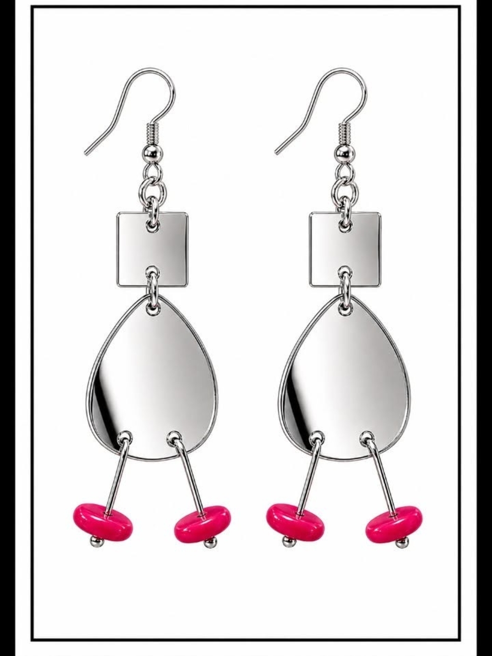 Silver Teardrop Dangle Earrings with Pink Accent Beads